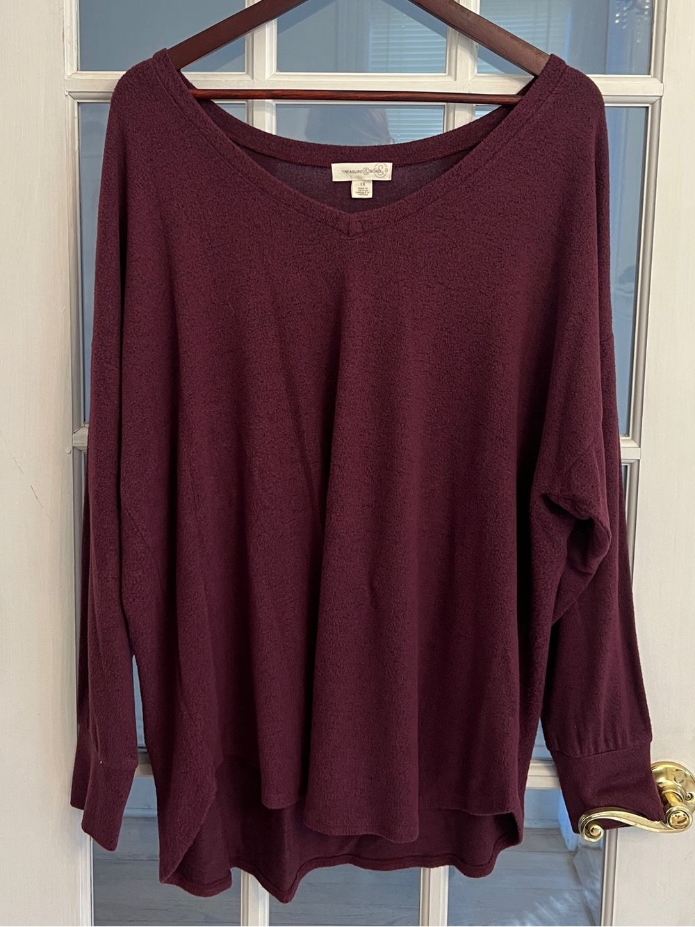 TREASURE & BOND Women’s Burgundy V Neck Brushed Knit Tunic Long Sleeve Size 1X